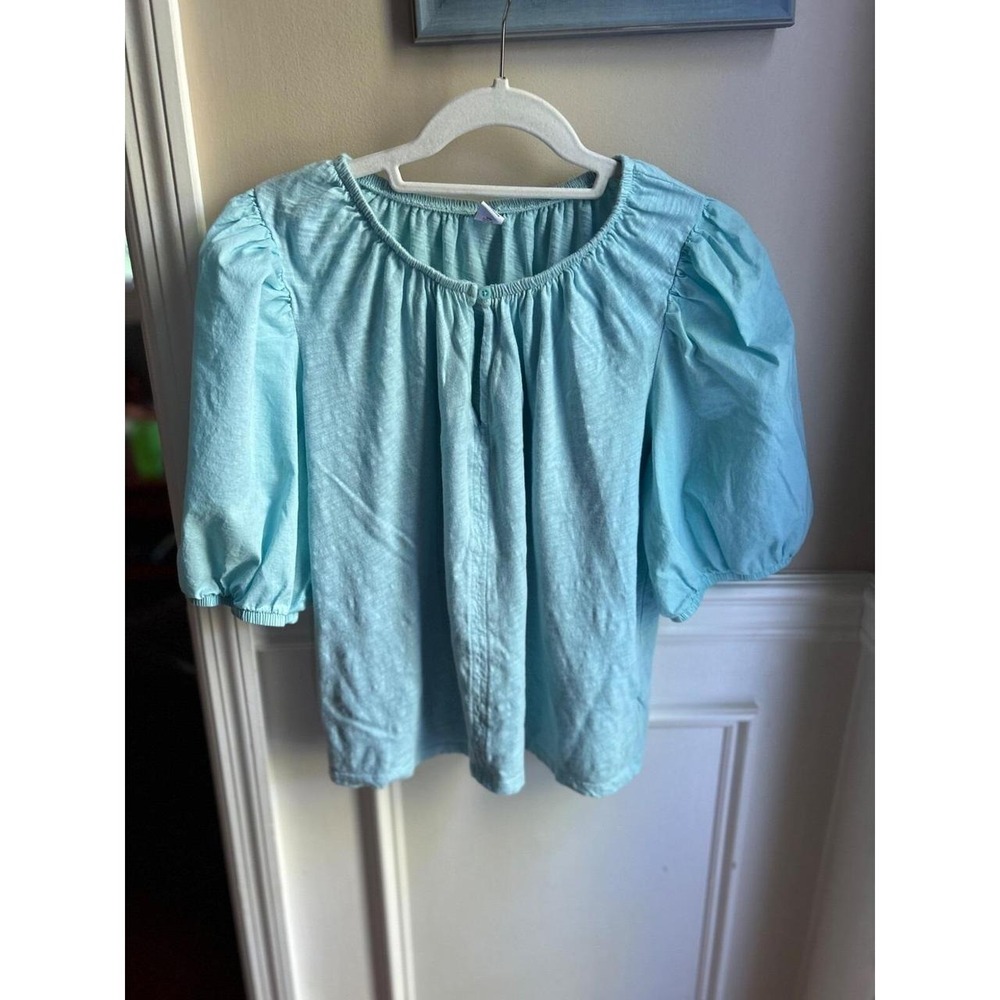 Old Navy Puff Sleeve Slub Knit Keyhole Top Light Blue Women Large